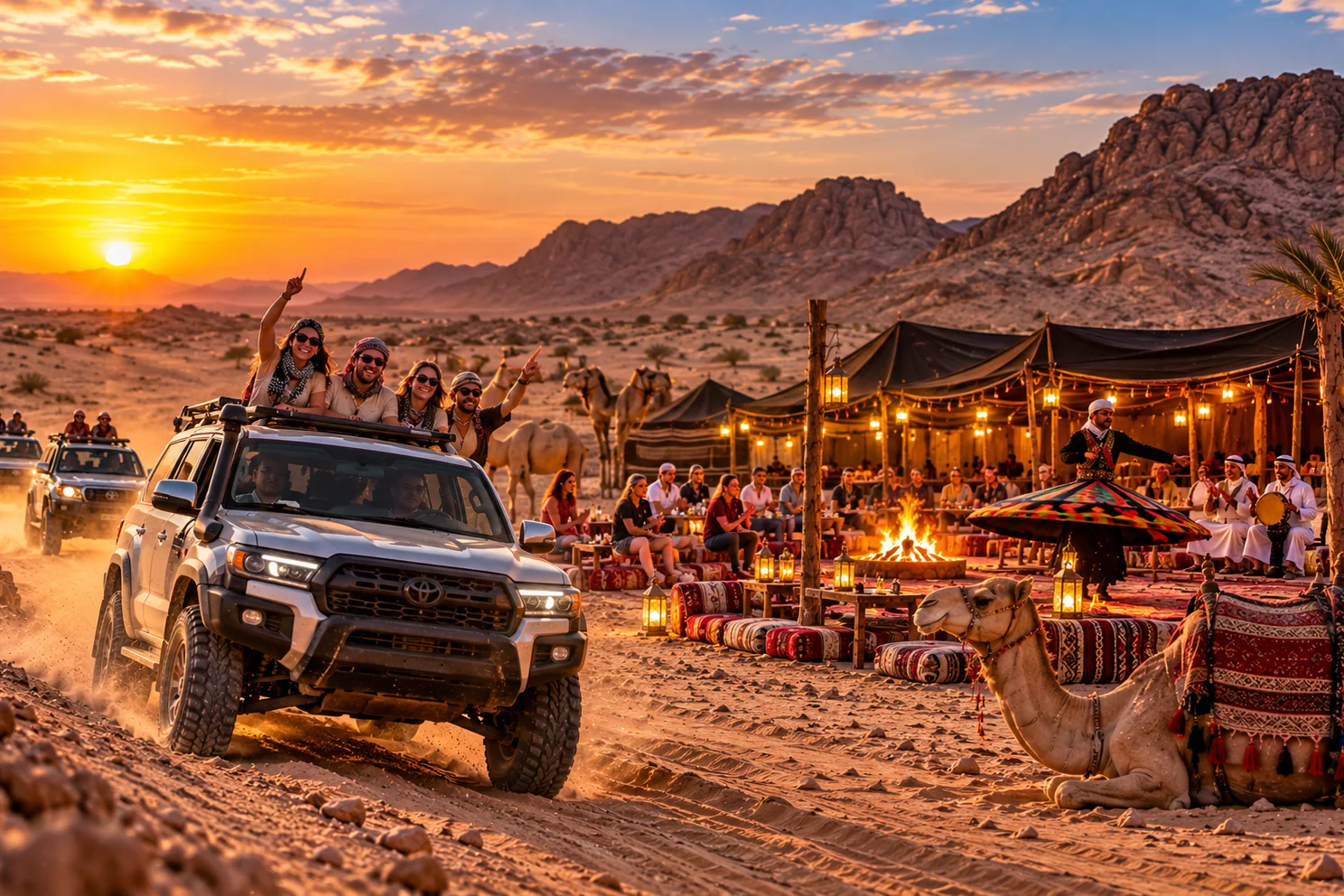 Geländewagen fährt durch die Wüstendünen bei Hurghada