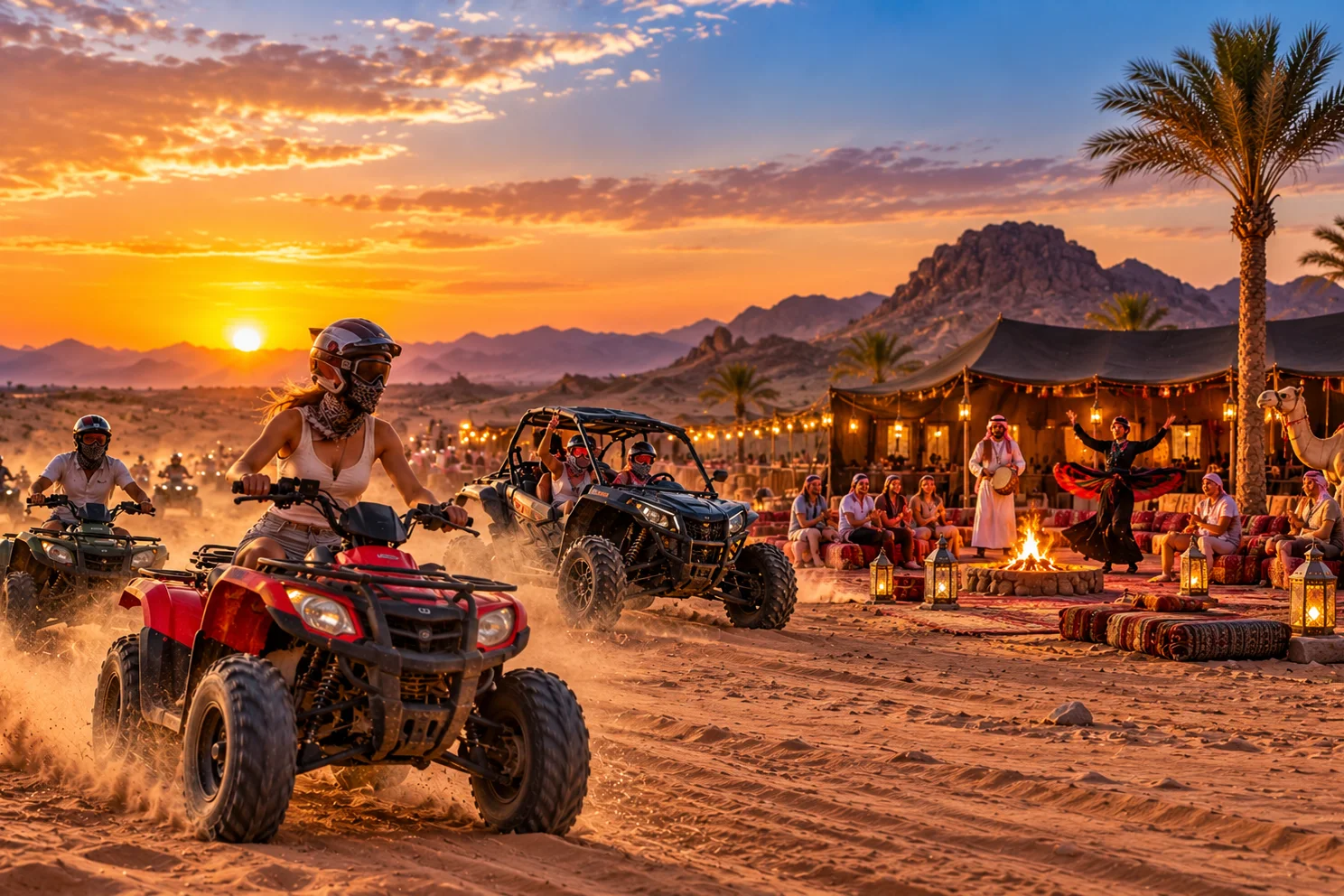 Quads und Buggys fahren bei Sonnenuntergang durch die Wüste bei Hurghada