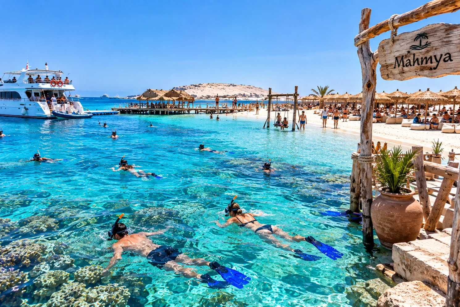 FREILY-TOURS-Ausflugsschiff vor einer Insel mit Schnorchlern im türkisfarbenen Roten Meer