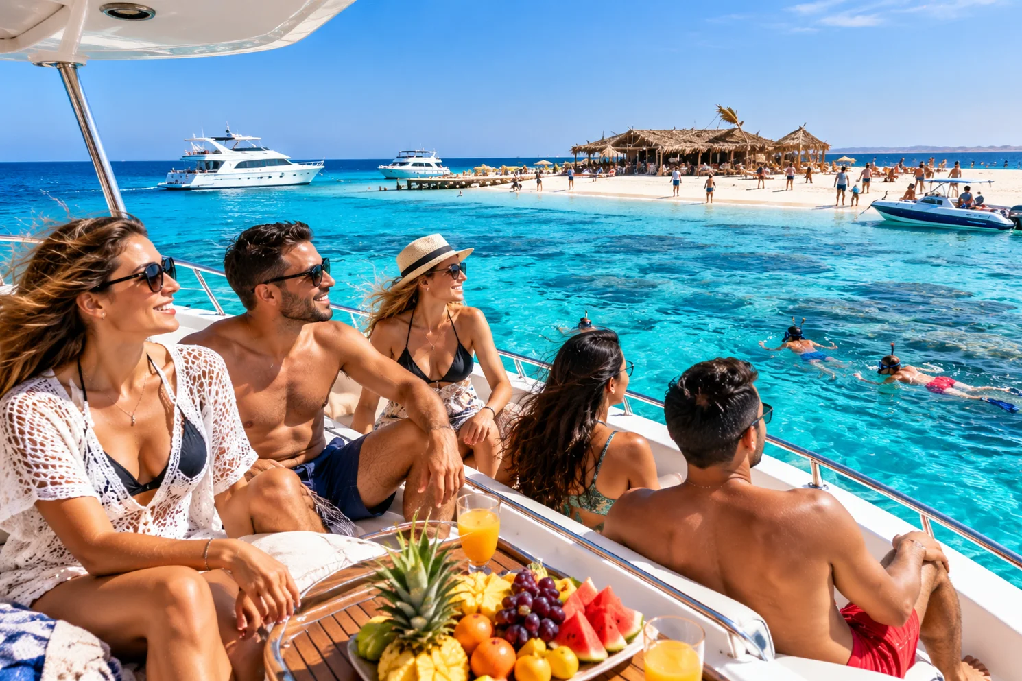 FREILY-TOURS-Ausflugsschiff vor einer Insel mit Schnorchlern im türkisfarbenen Roten Meer